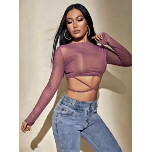 Purple Round Neck Waist Tie Up Fitted Crop Top